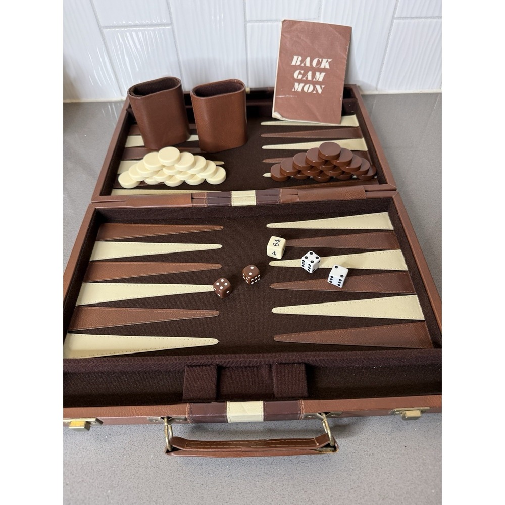 Vintage Backgammon GAME Brown Faux Leather Briefcase Racing Stripe COMPLETE GUC